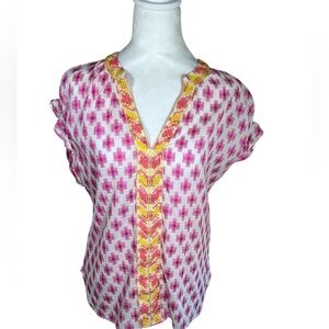 Ivy Jane Women’s Embroidered Pink Boho Pleated Cotton Tunic Top Sz XS